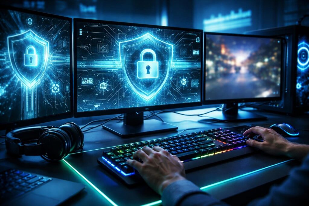 Computador moderno com múltiplos monitores exibindo gráficos digitais de segurança e uma interface de jogo estilizada, com mãos digitando em teclado iluminado em ambiente tecnológico.