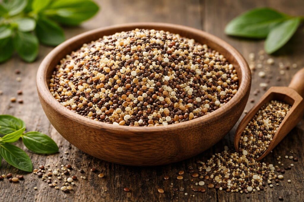 Tigela de madeira com mix colorido de grãos e sementes saudáveis sobre superfície rústica, com folhas verdes ao redor.