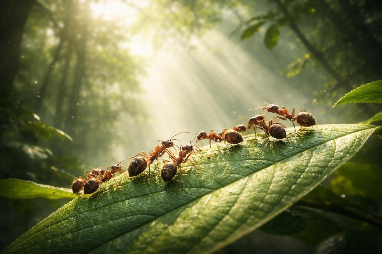 Formigas trabalhando juntas em uma folha verde em uma floresta iluminada pela luz suave do sol.