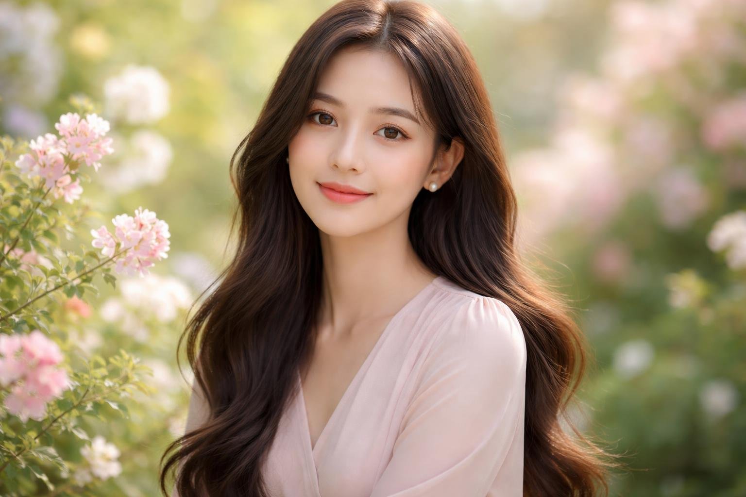 Jovem mulher sorridente em ambiente natural com flores e vegetação ao fundo.