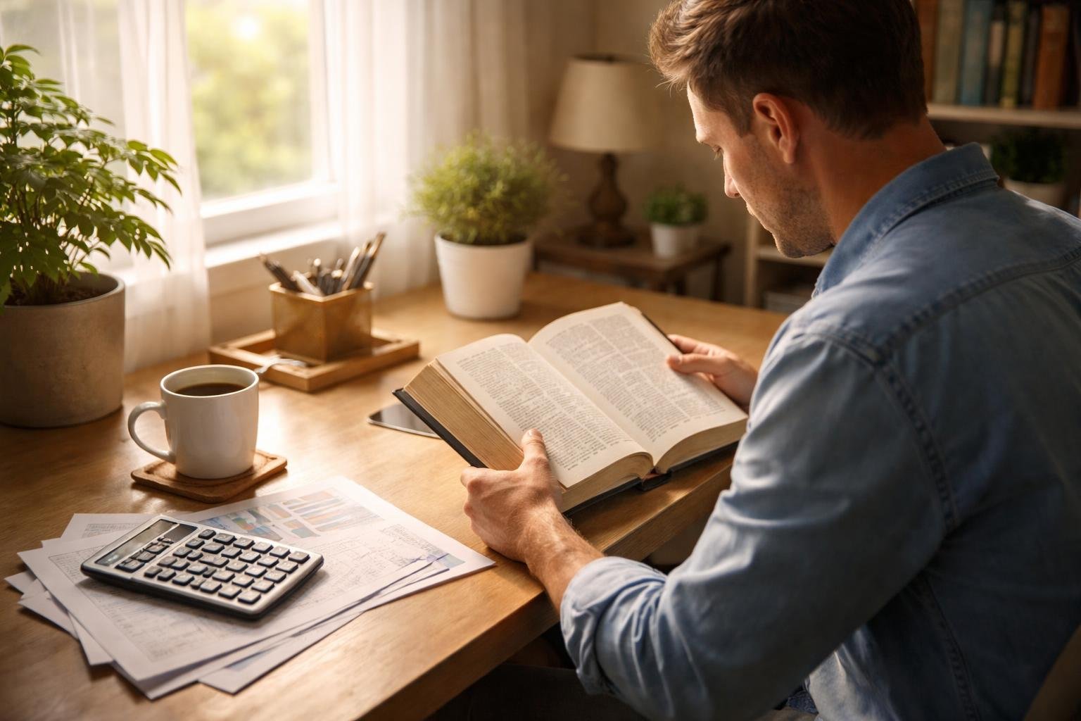 Pessoa lendo a Bíblia em uma mesa com documentos financeiros, em um ambiente claro e tranquilo.