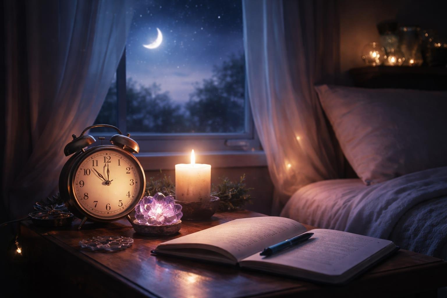 Quarto tranquilo à noite com um relógio marcando 3 horas da manhã, uma vela acesa, cristais e um céu estrelado visível pela janela.