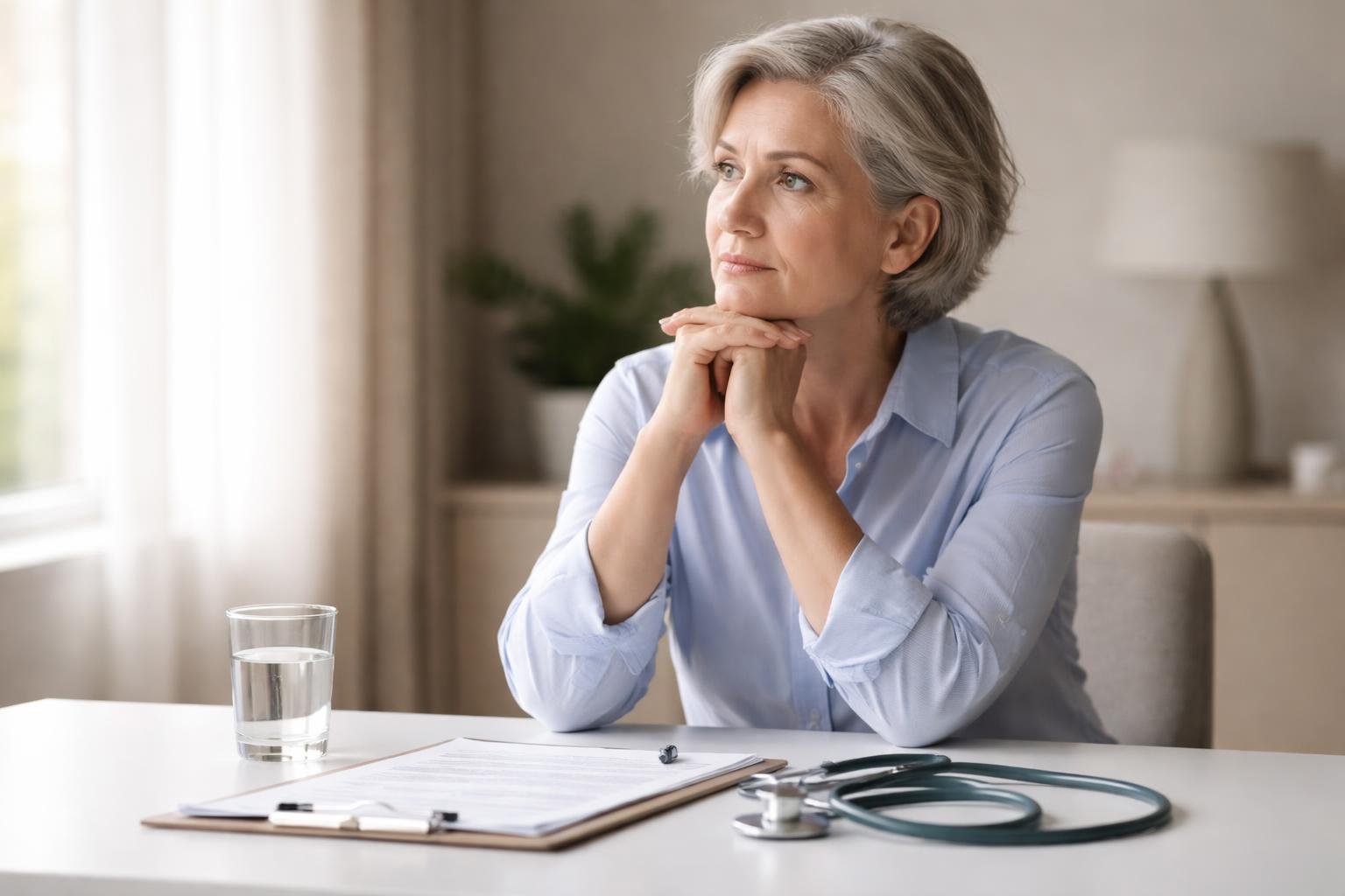 Pessoa pensativa sentada em uma mesa com documentos médicos e estetoscópio, em um ambiente tranquilo e iluminado.