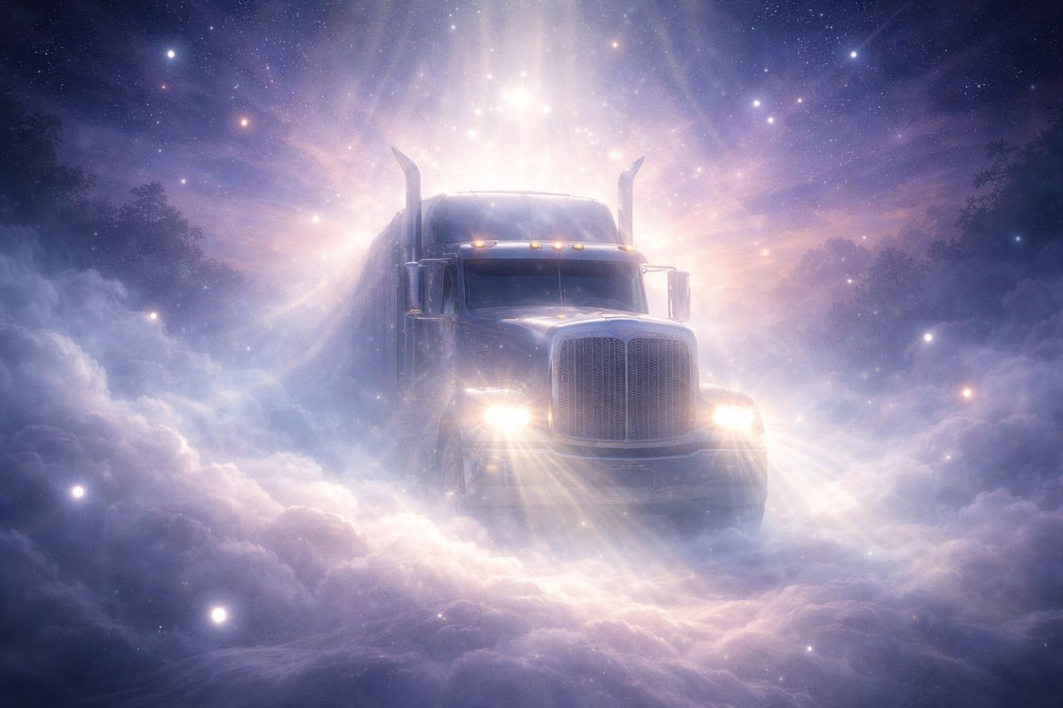 Um caminhão grande e translúcido emergindo de uma névoa brilhante em uma paisagem espiritual com luzes suaves e céu em tons de azul e roxo.
