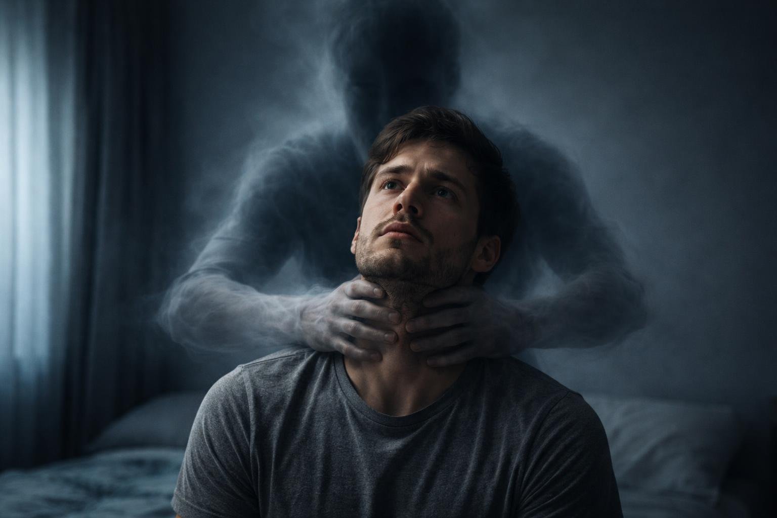 Pessoa com expressão tensa sendo simbolicamente segurada pelo pescoço por uma figura fantasmagórica atrás dela.