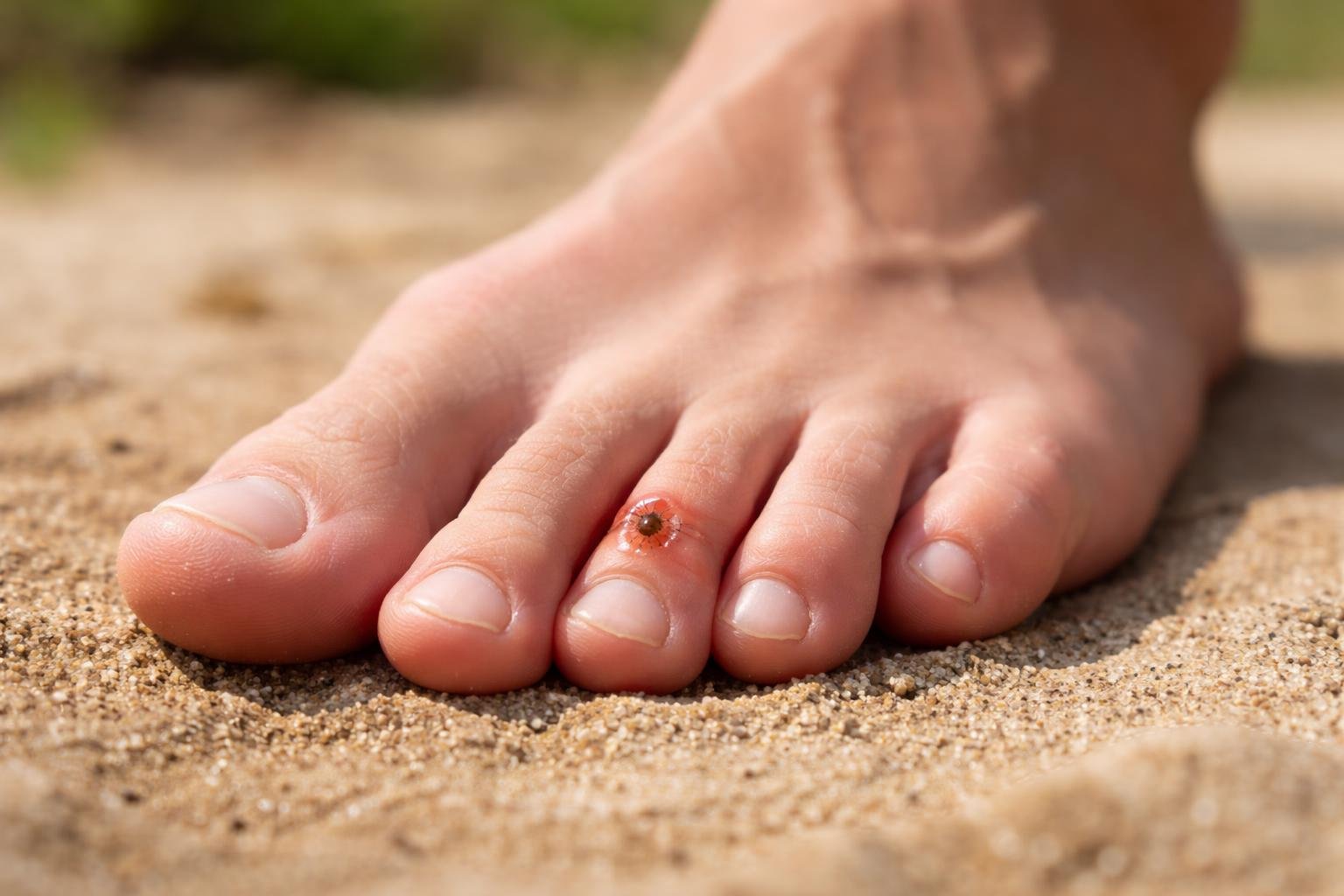 Close-up de um pé descalço na areia com um pequeno bicho de pé preso entre os dedos.