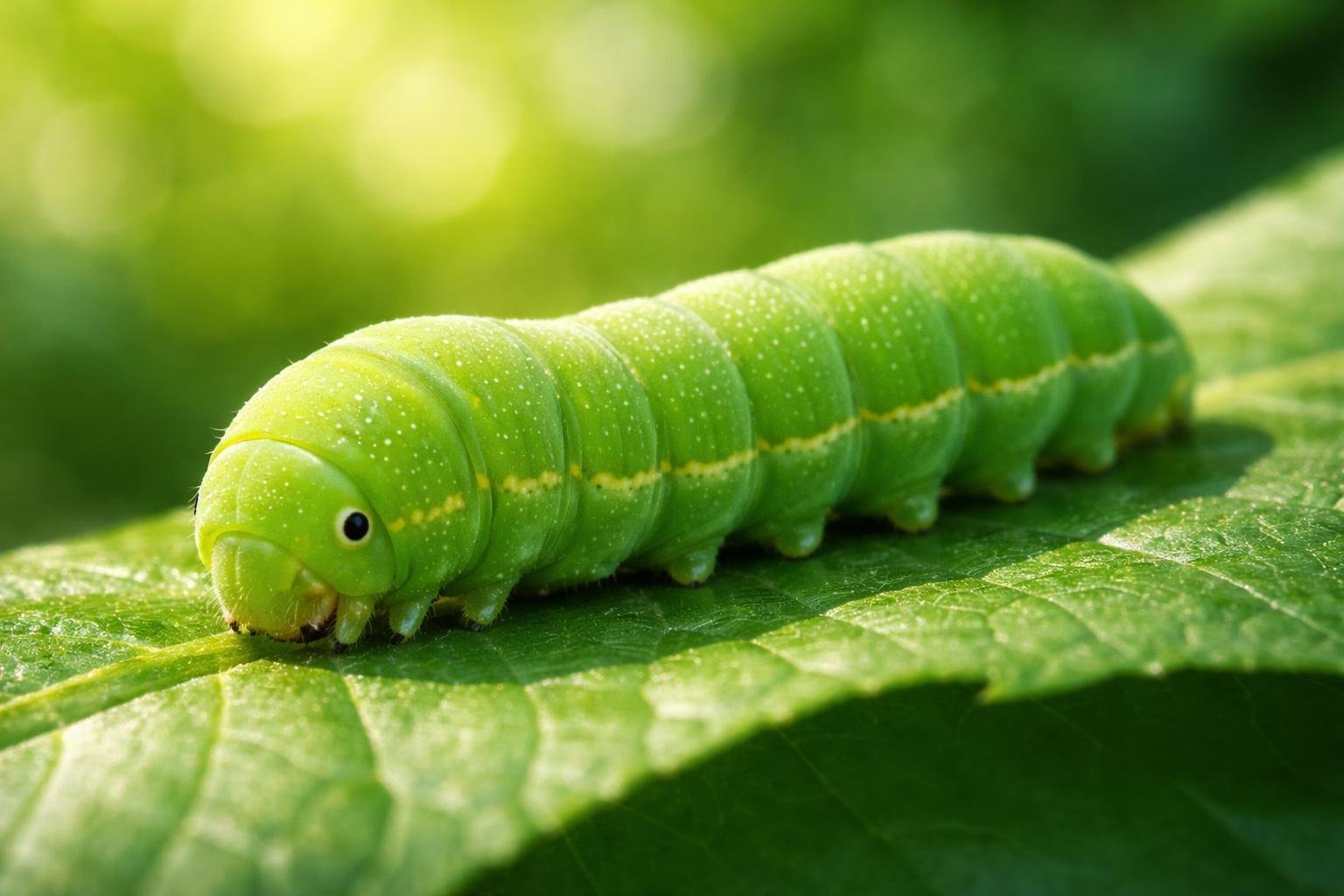 Uma lagarta verde descansando sobre uma folha verde em um ambiente natural.