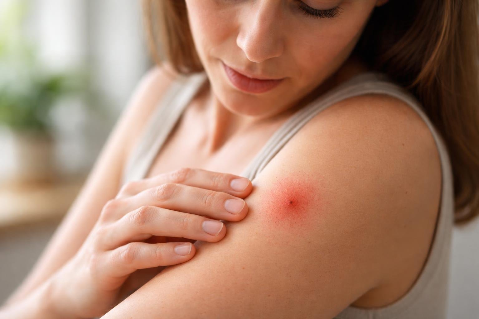 Pessoa olhando para o braço com uma picada de marimbondo visível e expressão preocupada.