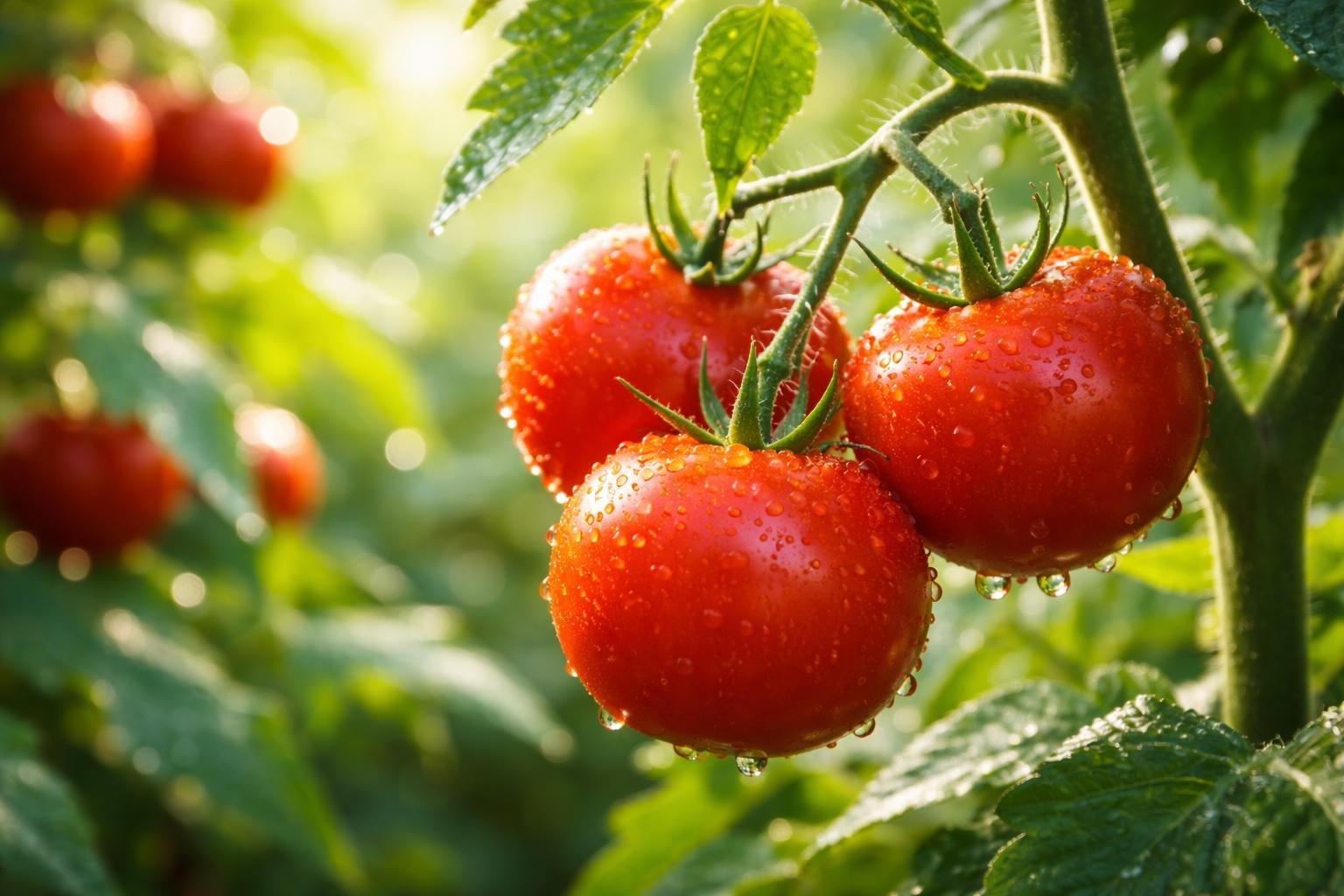 Tomates vermelhos maduros pendurados em um galho verde com gotas de orvalho.