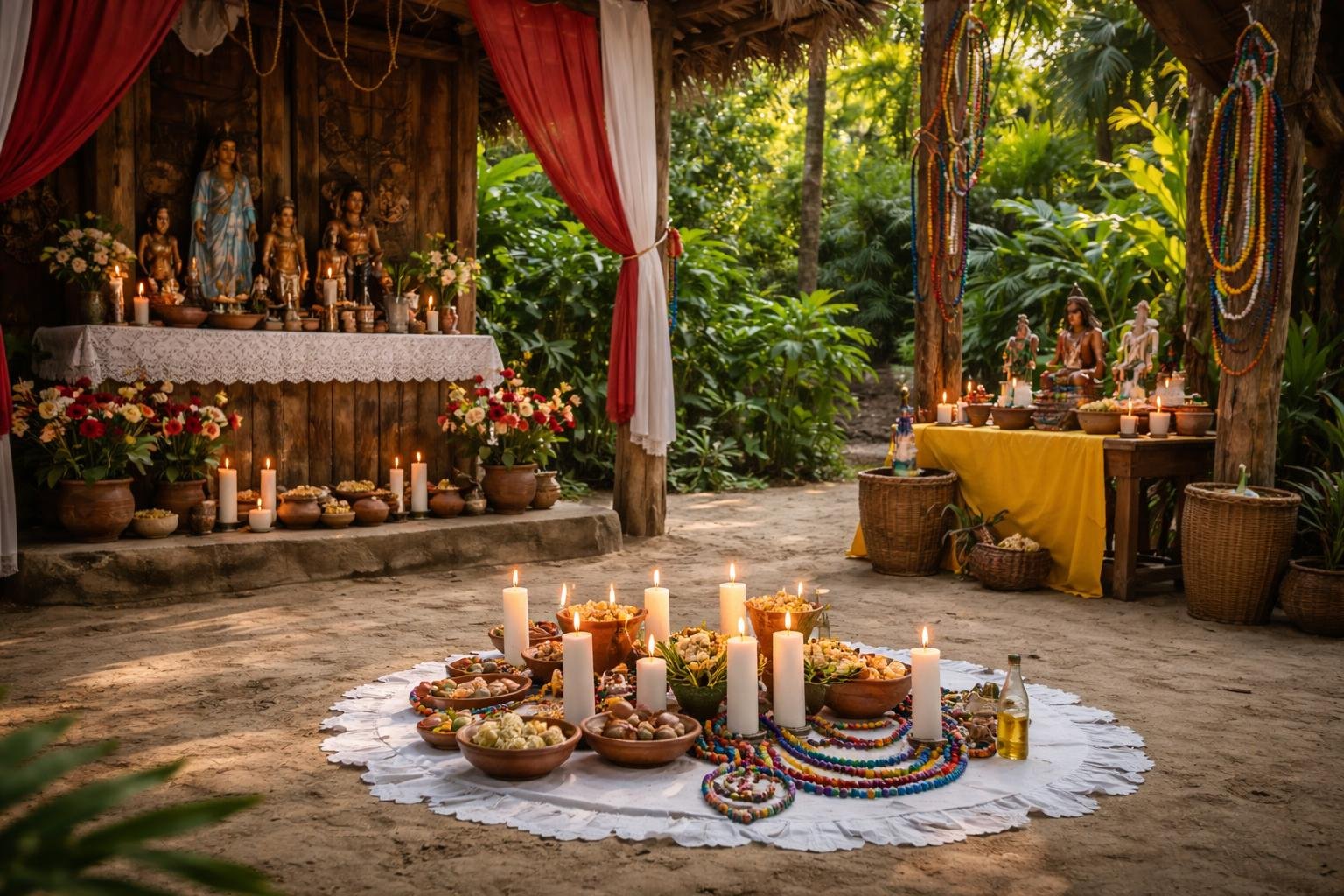 Espaço ao ar livre com altar tradicional de terreiro de macumba, com velas, contas coloridas e elementos naturais, rodeado por plantas tropicais.