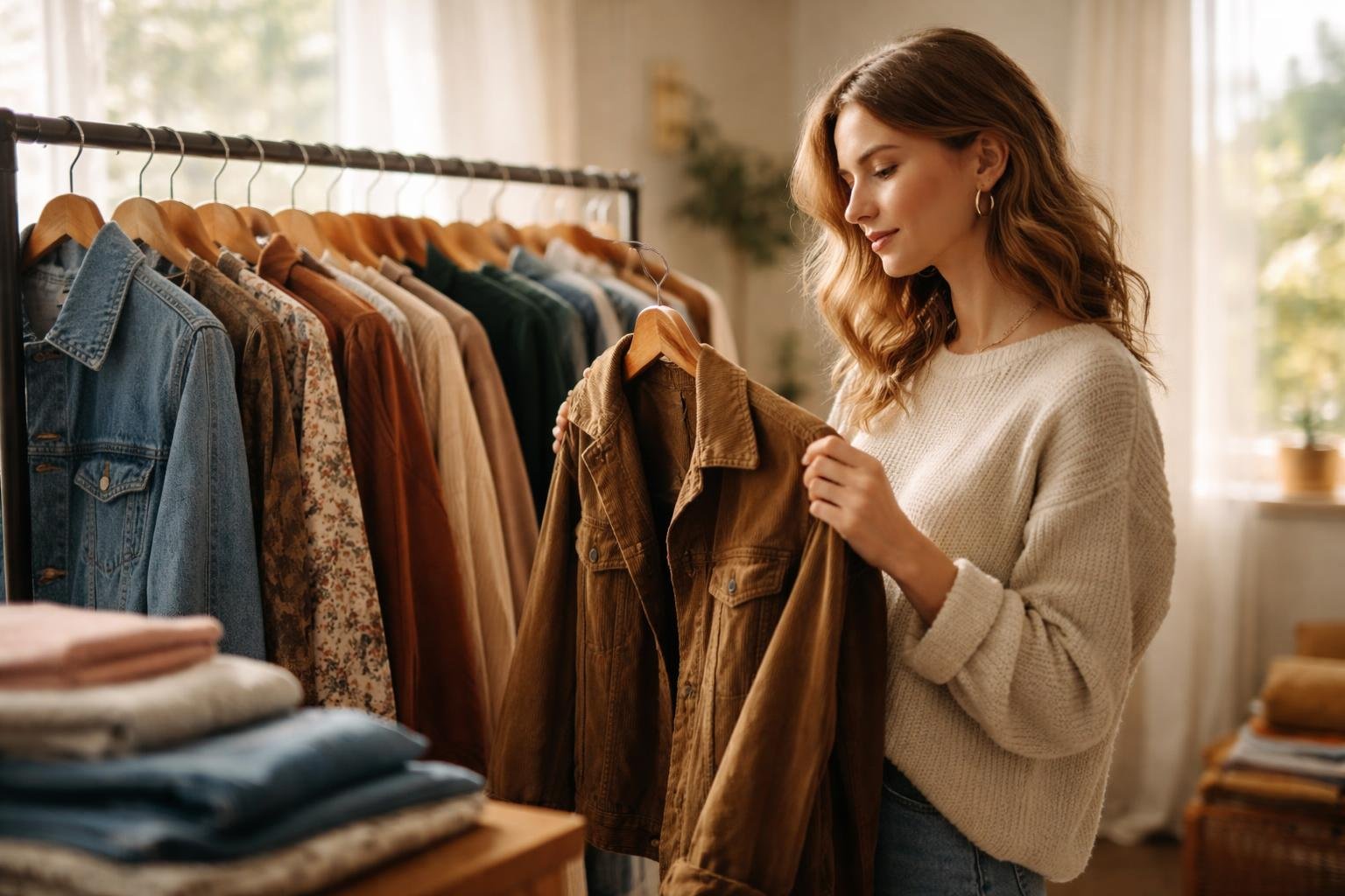 Pessoa segurando uma jaqueta vintage em um ambiente acolhedor com roupas usadas organizadas em um cabideiro.