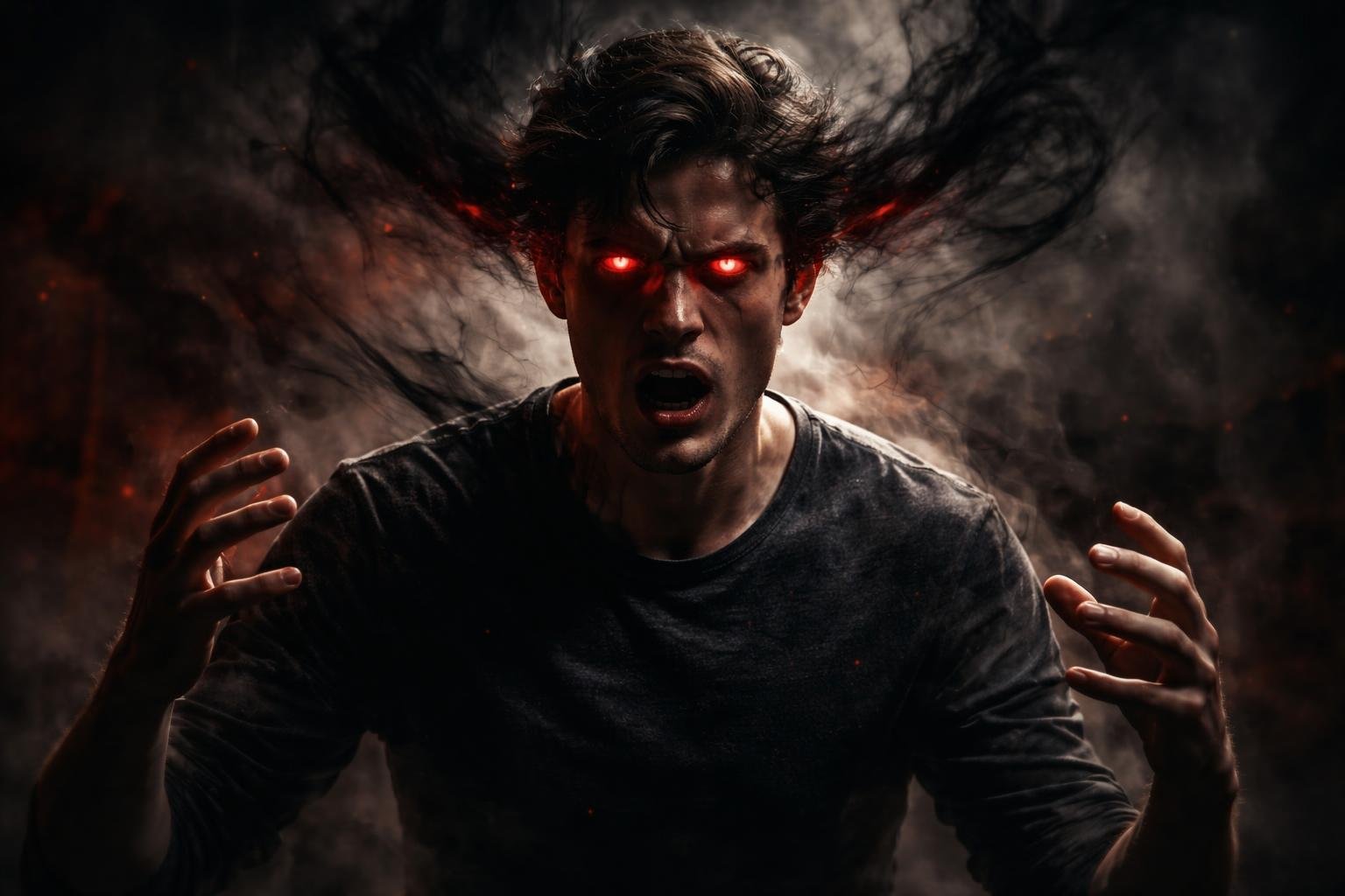 Pessoa com expressão angustiada e olhos brilhando levemente em vermelho, cercada por sombras escuras e fumaça em um ambiente sombrio.