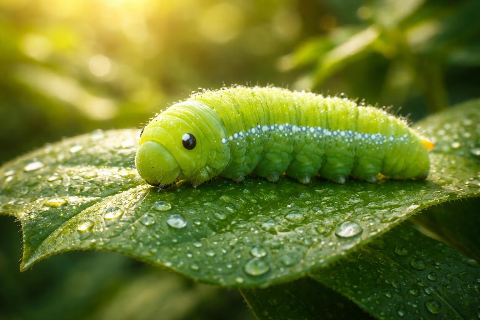 Uma lagarta verde vibrante sobre uma folha fresca com gotas de orvalho em um ambiente natural ao ar livre.