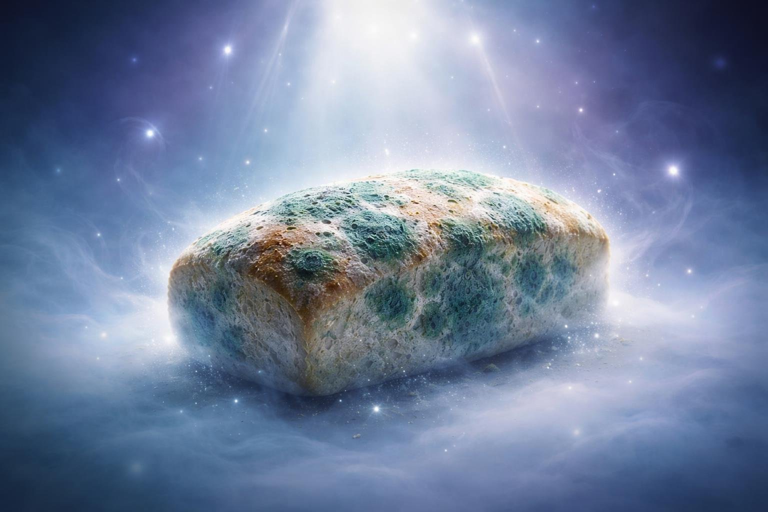 Pão mofado flutuando em um ambiente espiritual nebuloso com luzes suaves ao redor.