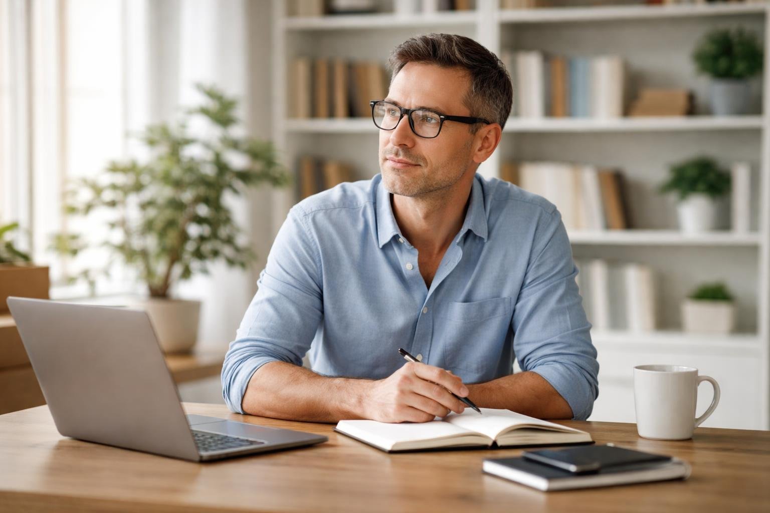 Homem pensativo sentado em uma mesa de escritório moderna com laptop, caderno e xícara de café, com estantes de livros e plantas ao fundo.