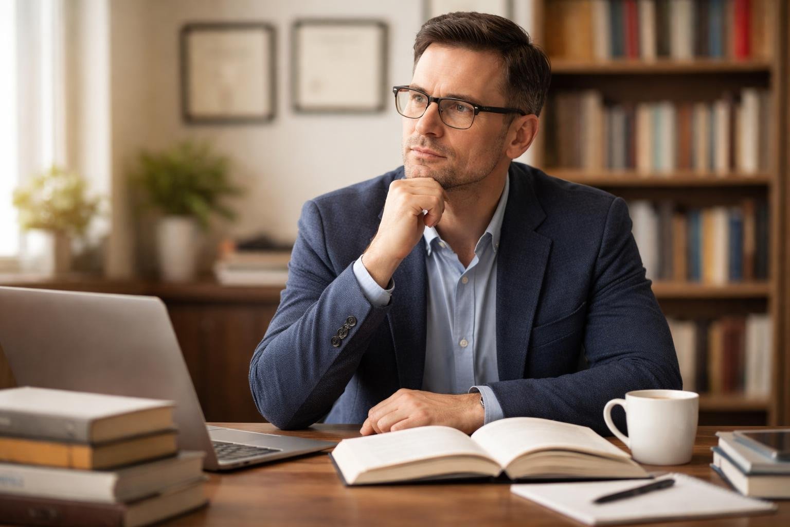 Homem sentado em uma mesa de escritório com livros, laptop e xícara de café, olhando pensativo.