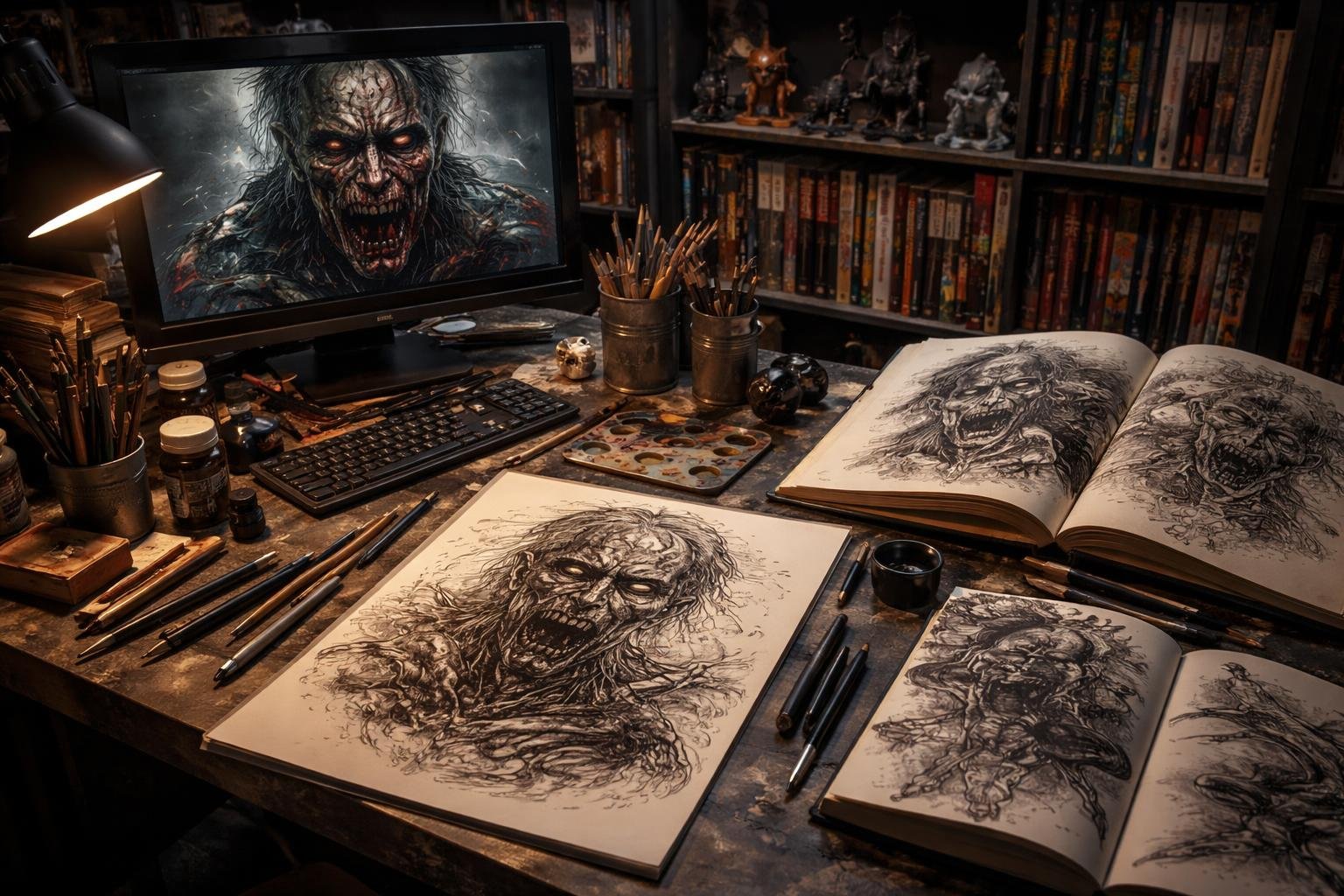 Mesa de trabalho de um artista com materiais de desenho e ilustrações de zumbis e monstros, com prateleiras cheias de quadrinhos e livros ao fundo.