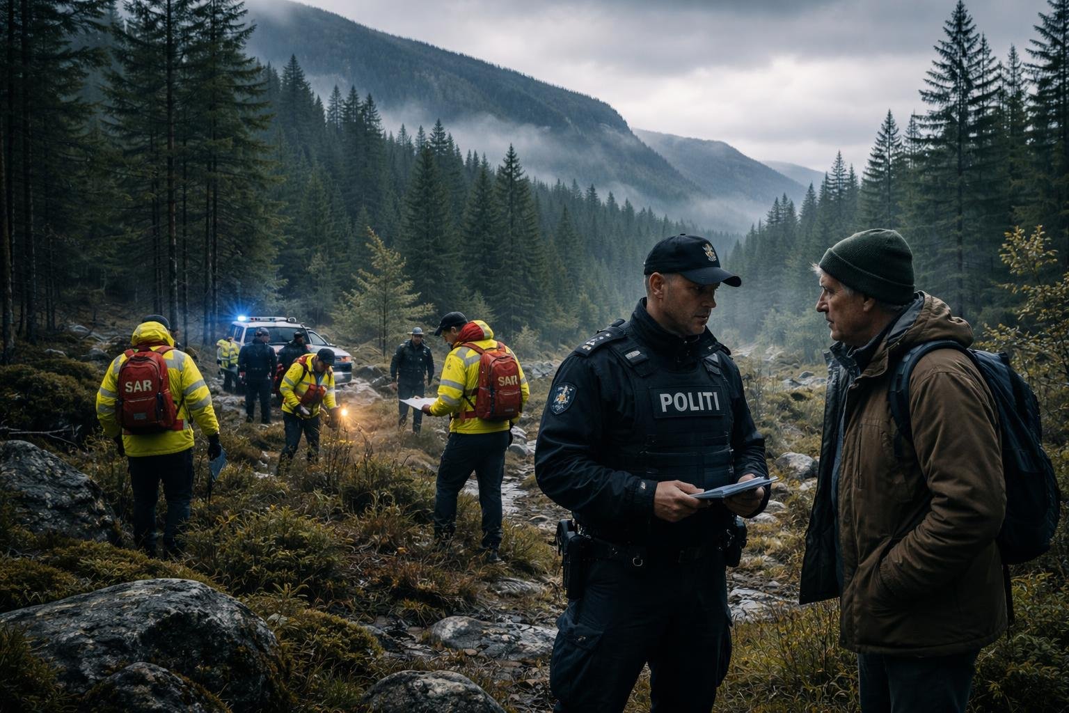 Equipe de busca e policiais examinando uma floresta na Noruega durante uma operação de desaparecimento.