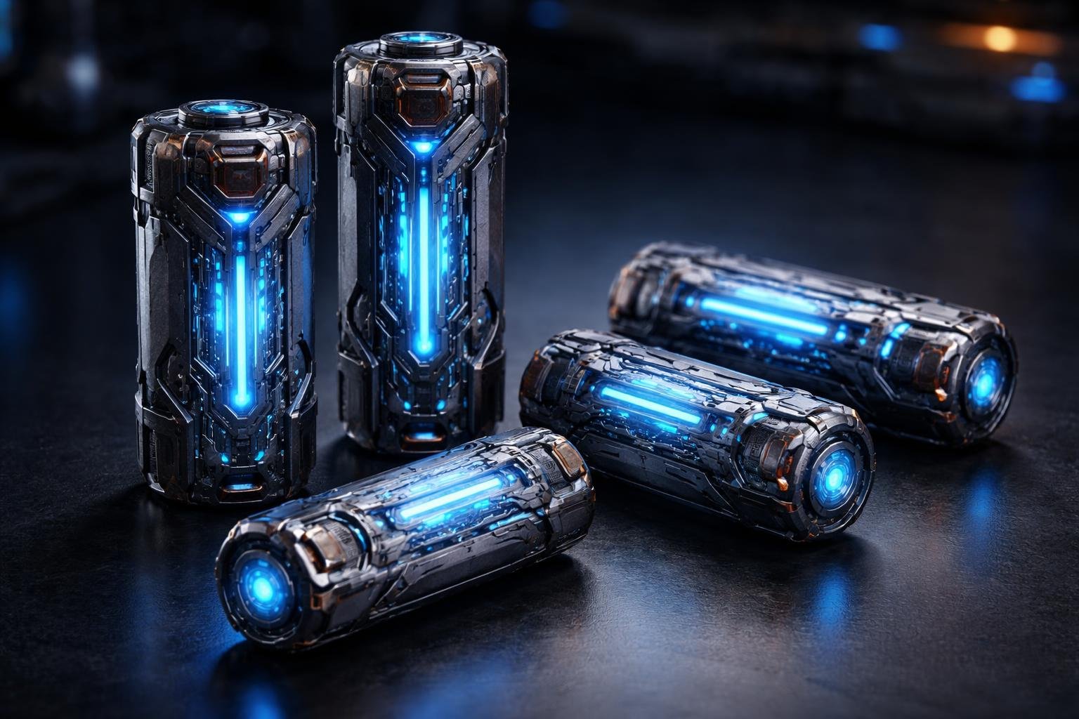 Baterias futuristas com design avançado e luzes azuis, dispostas sobre uma superfície escura e refletiva.