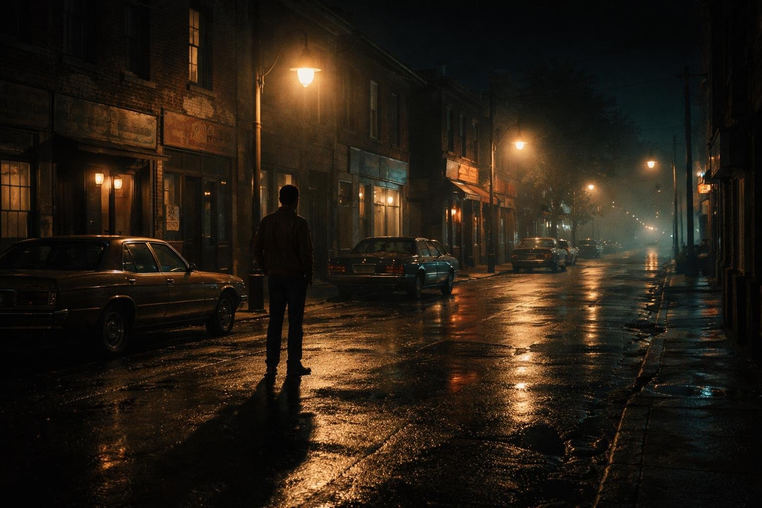 Rua deserta à noite com iluminação de postes antigos, carros estacionados da década de 1970 e uma pessoa parada olhando para a rua.