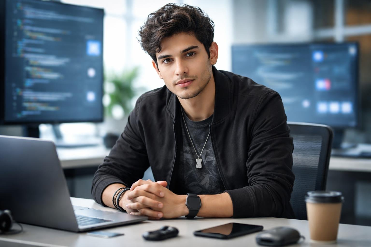 Homem jovem sentado em uma mesa moderna em um ambiente tecnológico, com expressão concentrada e roupas casuais.