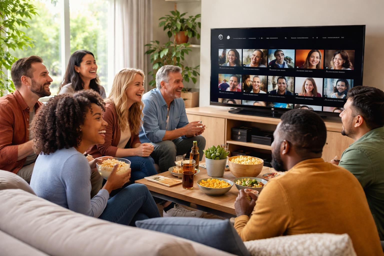 Grupo diverso de pessoas reunidas em uma sala de estar moderna assistindo TV juntos.