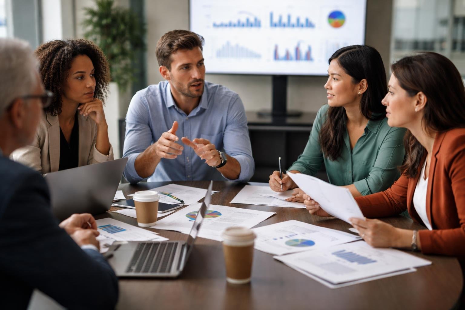Grupo de pessoas reunidas em uma sala de reunião discutindo e analisando dados em um ambiente de escritório moderno.