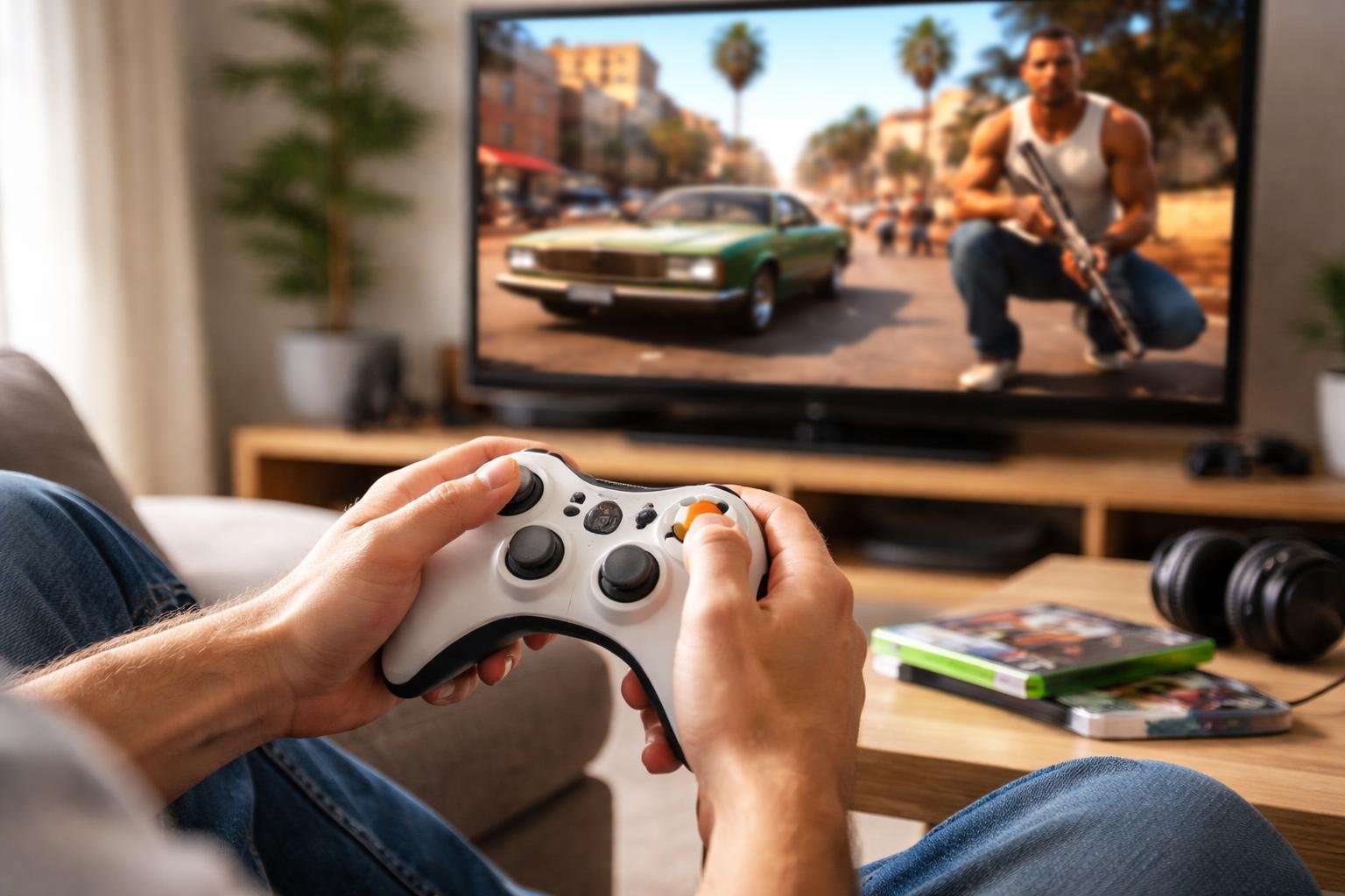 Pessoa segurando um controle de Xbox 360 em uma sala de estar moderna, com a tela da TV mostrando uma cena do jogo Grand Theft Auto: San Andreas.