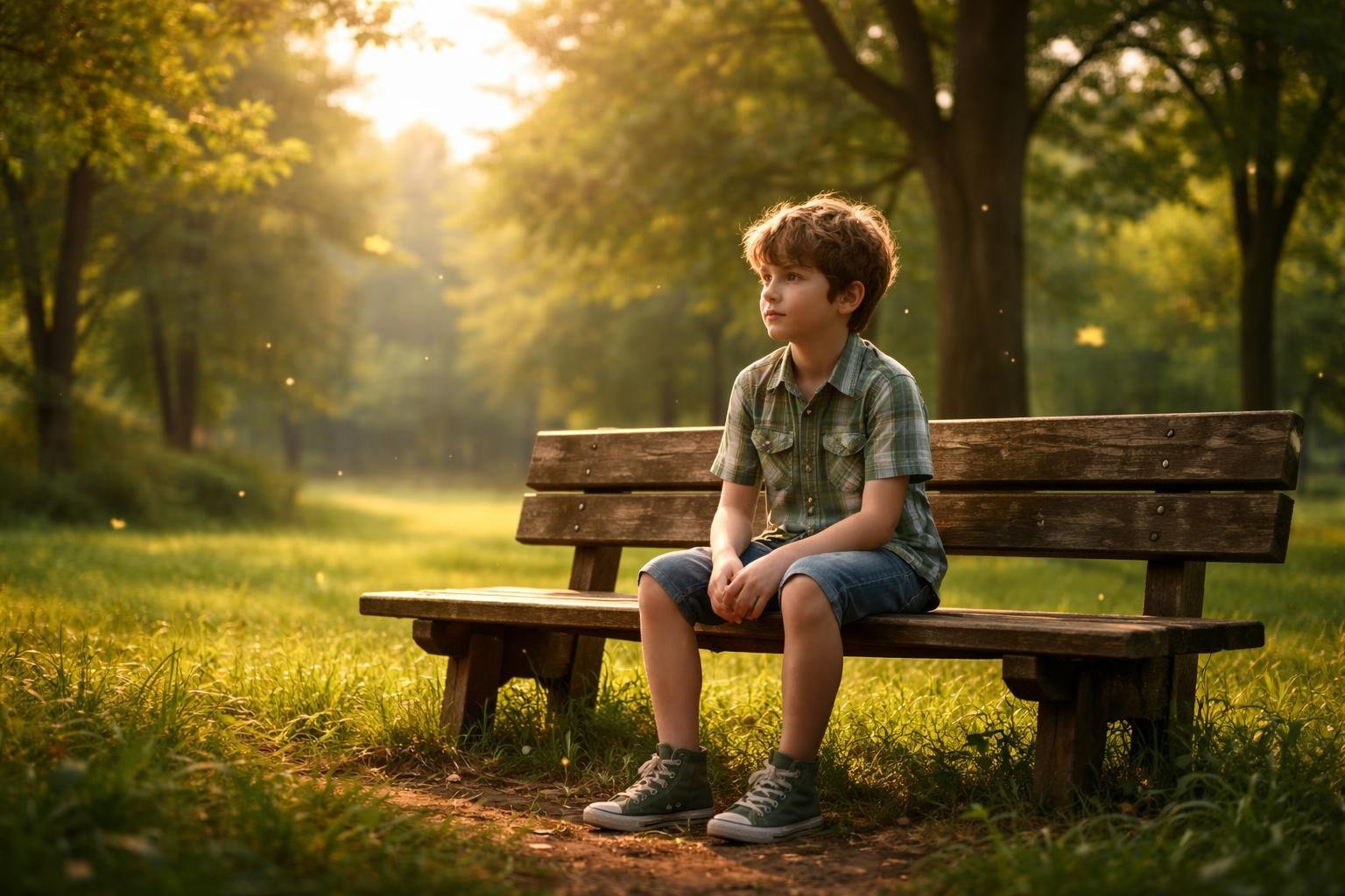 Um menino sentado sozinho em um banco de madeira em um parque verdejante, com árvores ao redor e luz suave do fim da tarde.