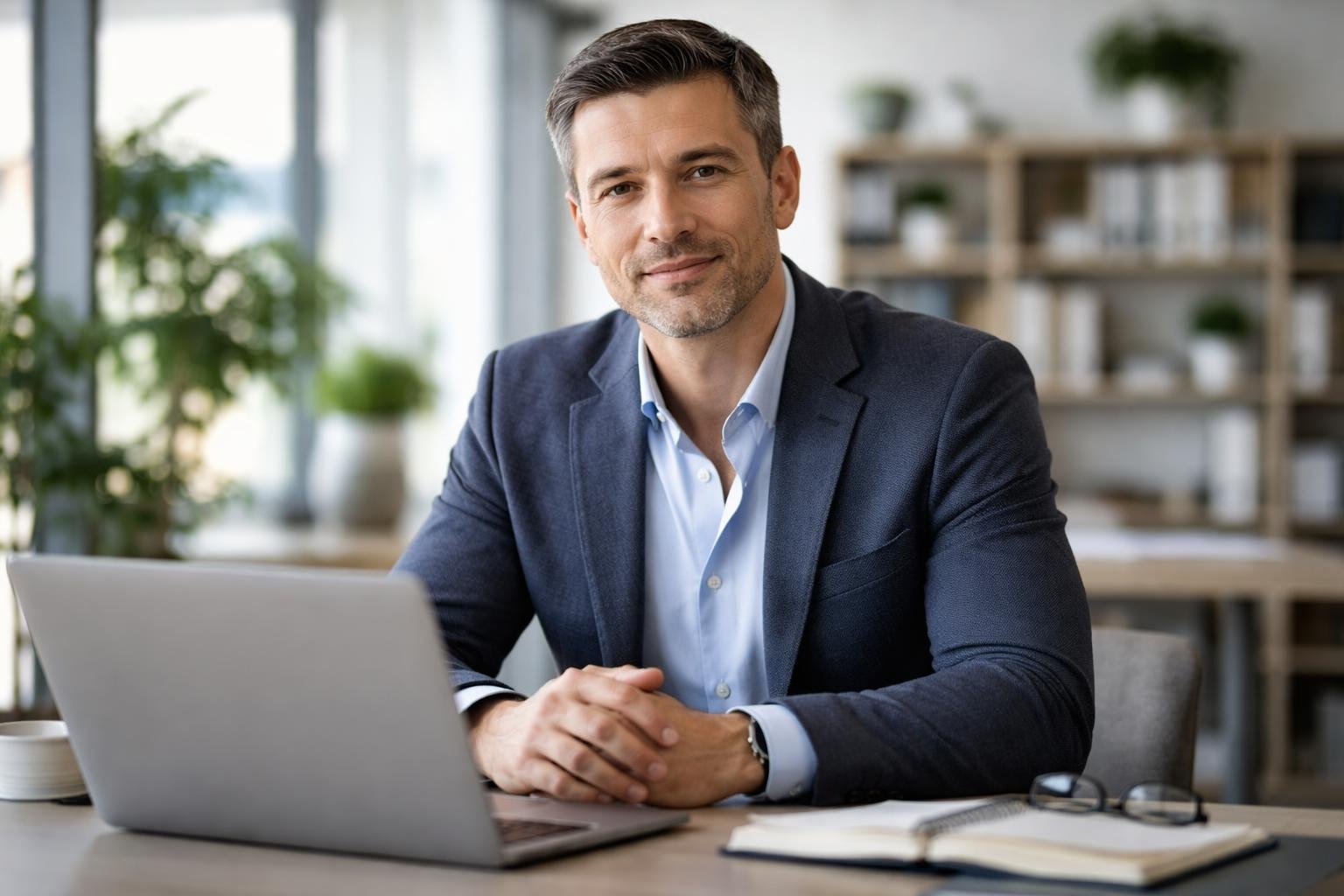 Homem de meia-idade sentado em um escritório moderno, trabalhando em um laptop.