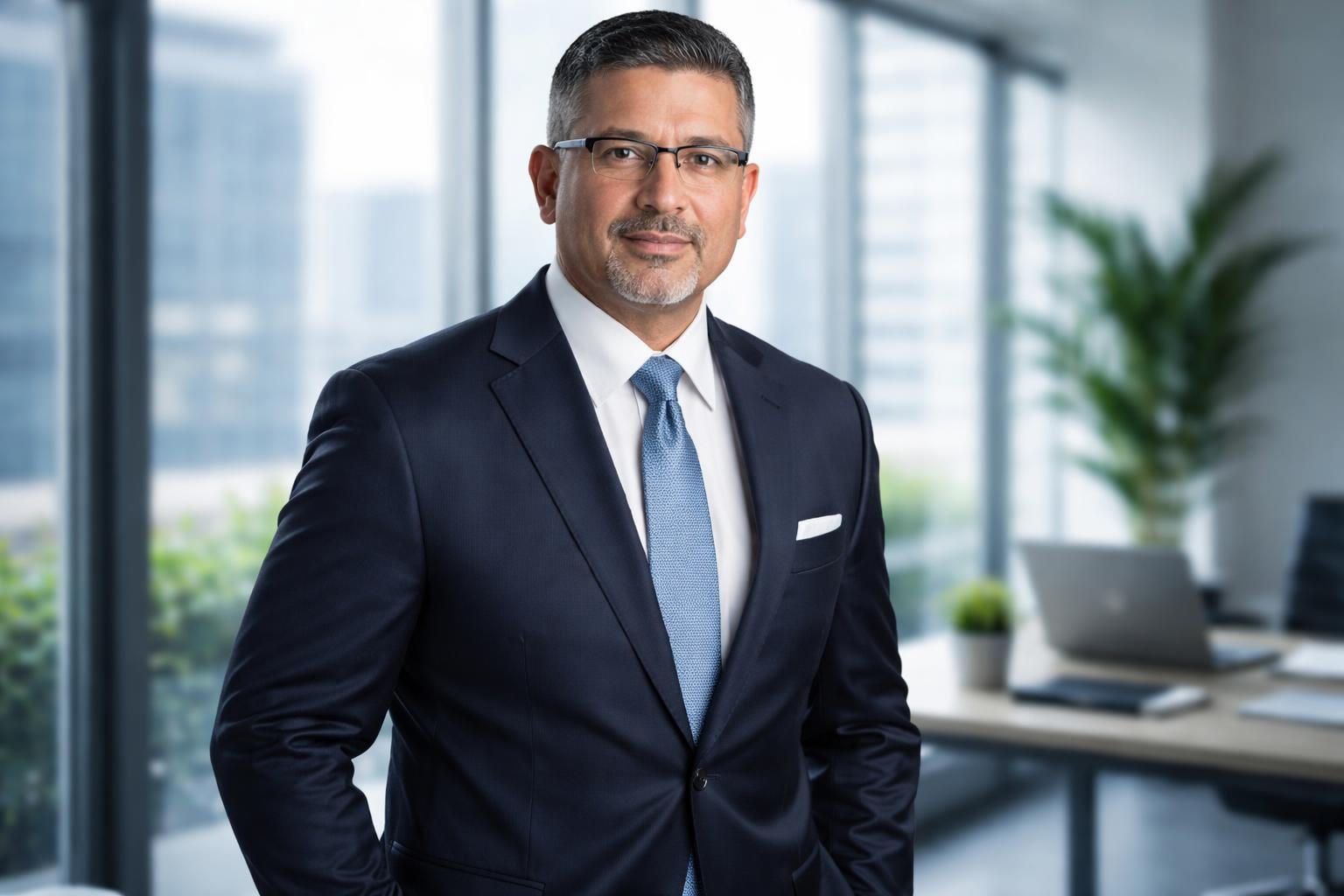 Homem de meia-idade vestido com terno em um escritório moderno com janelas grandes e vista para a cidade.
