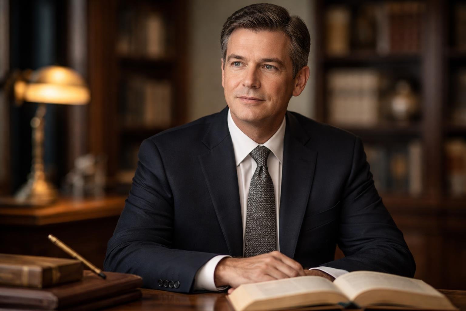 Homem de meia-idade sentado em uma mesa de madeira em um escritório com estantes de livros ao fundo, vestindo terno escuro e olhando calmamente para o lado.