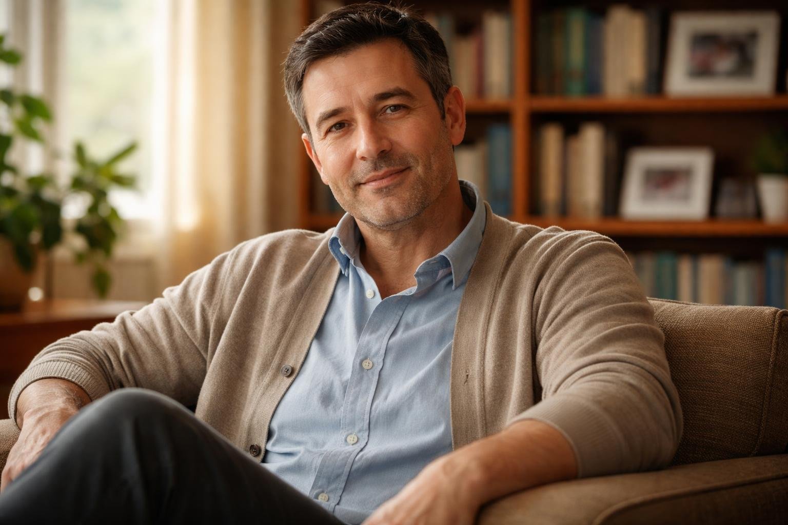Homem de meia-idade sentado em uma sala de estar aconchegante, cercado por estantes de livros e fotografias emolduradas.