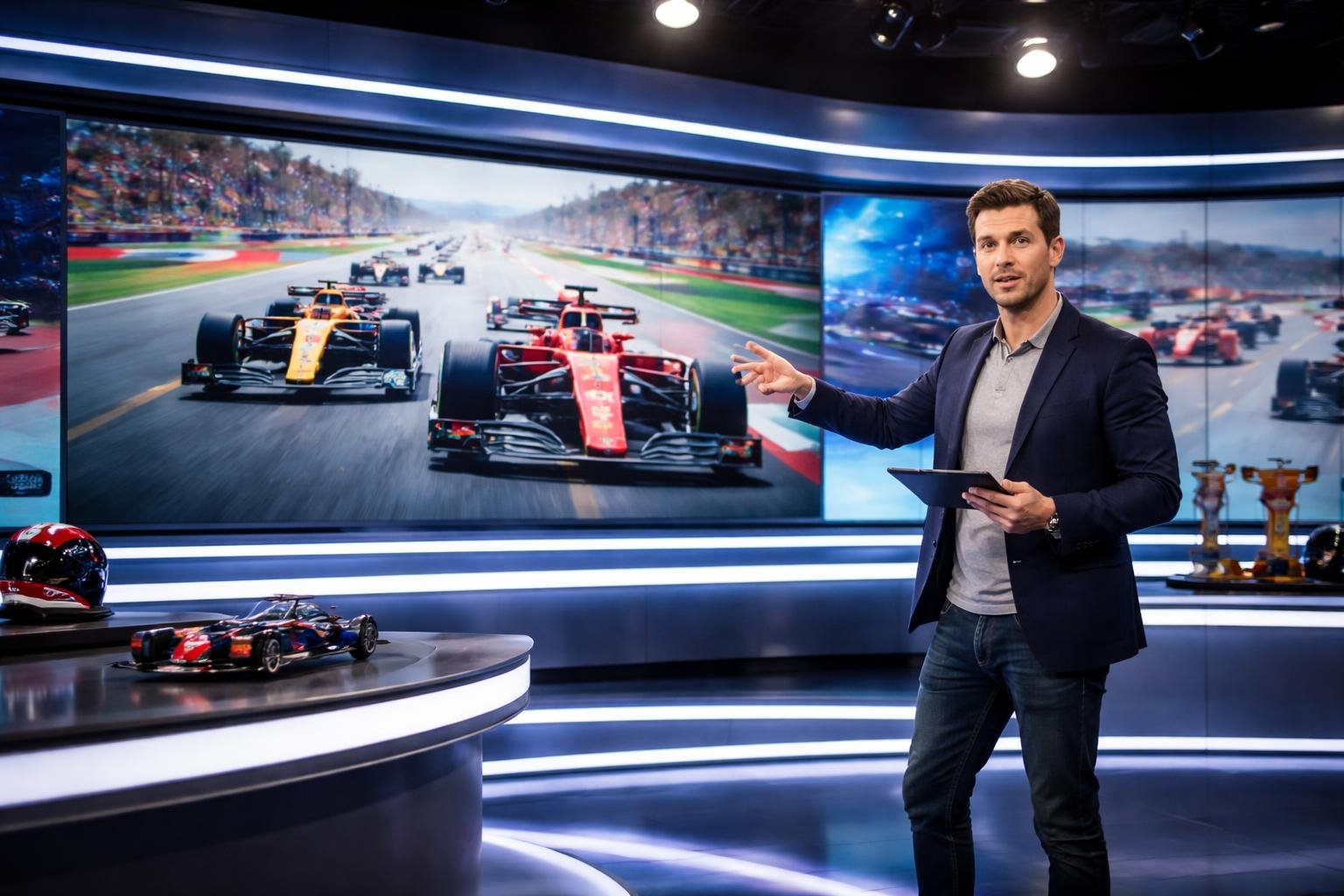 Apresentador em estúdio moderno analisando corridas de Fórmula 1 com telas mostrando carros de corrida em ação.
