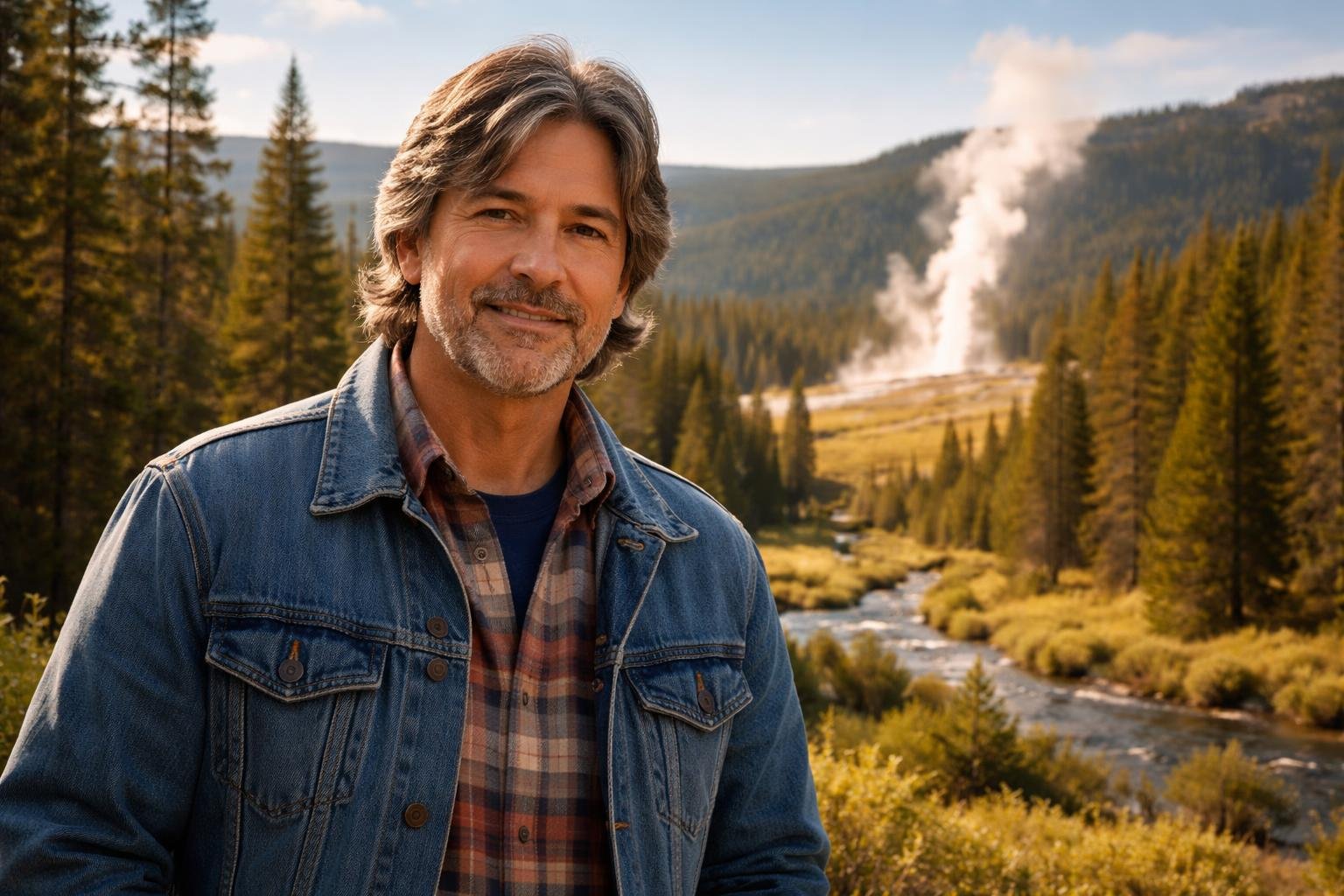 Homem de meia-idade em área natural do Parque Nacional Yellowstone com árvores, colinas e gêiser ao fundo.