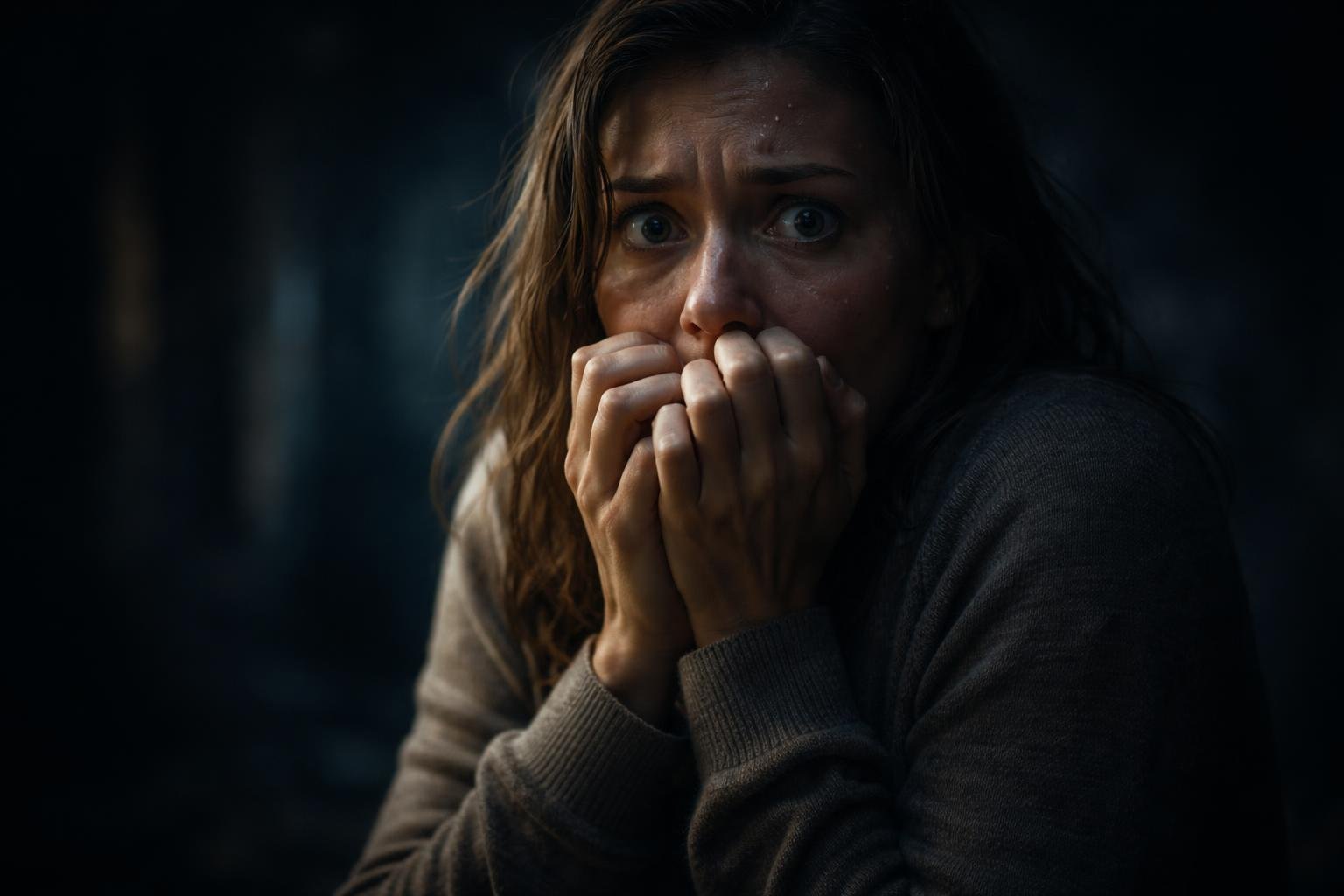 Pessoa com expressão de medo intenso em ambiente escuro e sombrio, com olhos arregalados e postura defensiva.