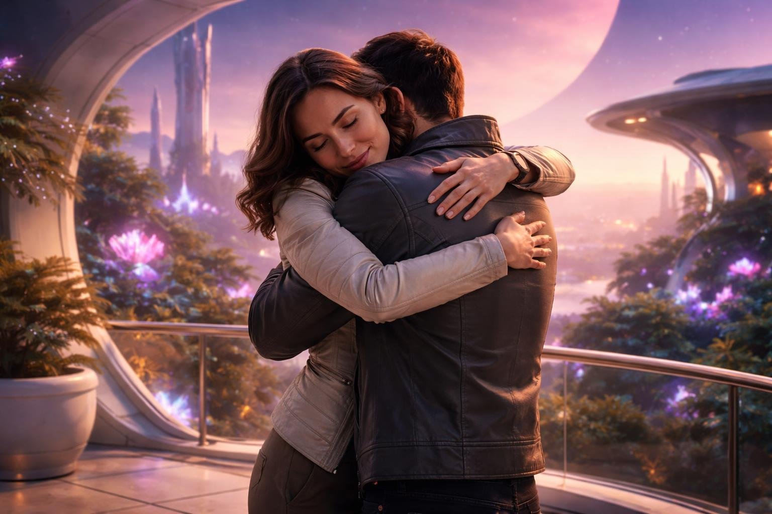 Duas pessoas se abraçando em um terraço futurista com uma paisagem alienígena ao fundo, transmitindo emoção e reencontro.