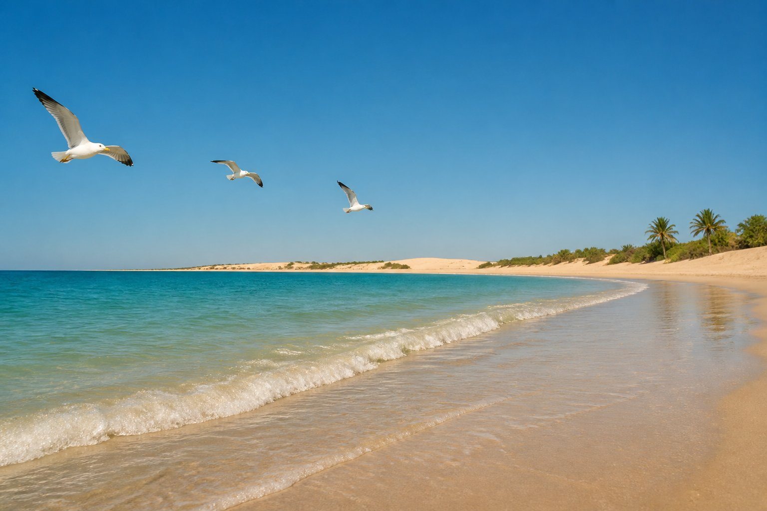Praia tranquila em Barreirinhas com areia dourada, ondas suaves e gaivotas voando sobre o mar.