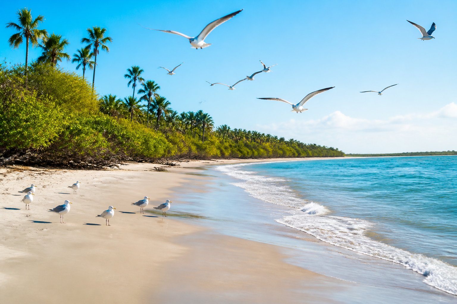 Praia tranquila em Barreirinhas com gaivotas voando sobre a areia e vegetação verde ao fundo.