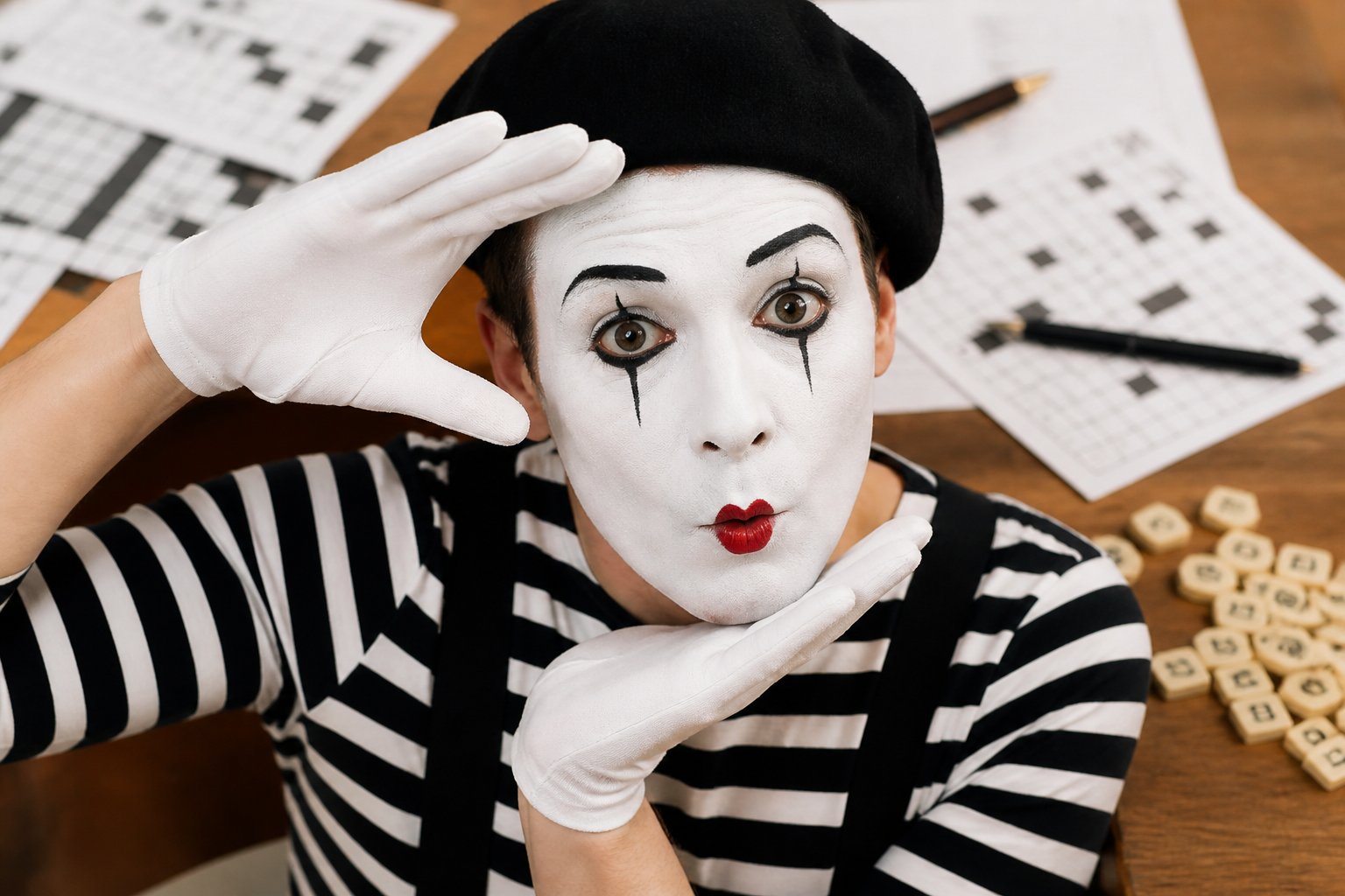Artista mímico com rosto pintado de branco, vestido em preto e branco, posando silenciosamente com elementos de jogos de palavras ao fundo.