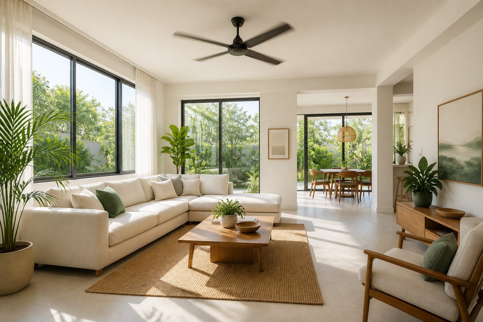 Ambiente interno de casa iluminado por luz natural e ventilado por um ventilador de teto, com móveis claros e plantas perto da janela.