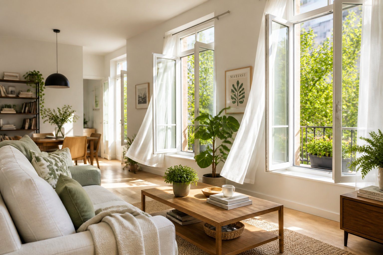 Interior de uma casa com janelas abertas que deixam entrar luz natural e ventilação, mostrando uma sala aconchegante com plantas e móveis.