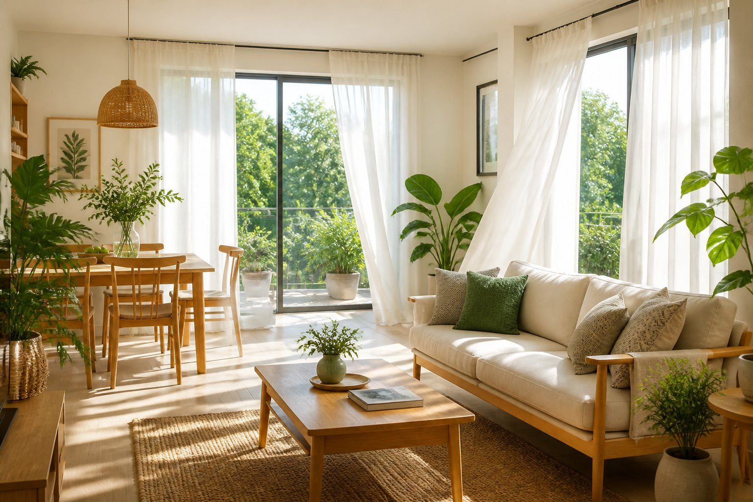 Interior de uma casa iluminada e ventilada, com janelas grandes, plantas e móveis de madeira.