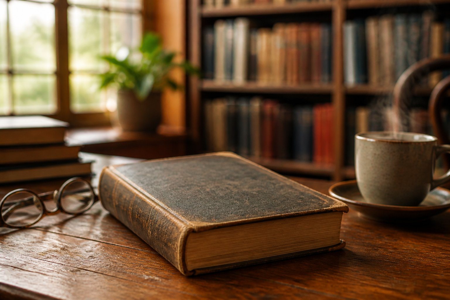 Livro antigo e bem usado sobre uma mesa de madeira em uma biblioteca aconchegante, com óculos de leitura e uma xícara de café ao lado.