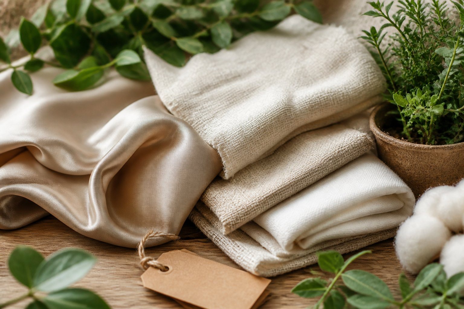 Tecidos naturais de seda, algodão e linho dispostos sobre uma superfície de madeira com folhas verdes ao redor.