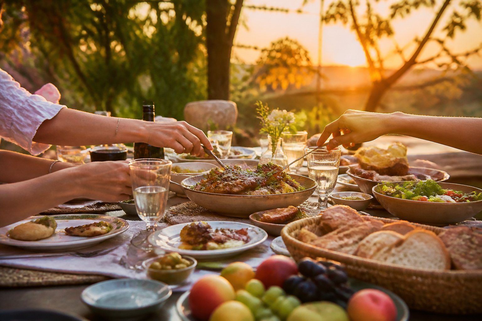 Mesa de jantar ao ar livre com comida variada e mãos alcançando os pratos ao entardecer.