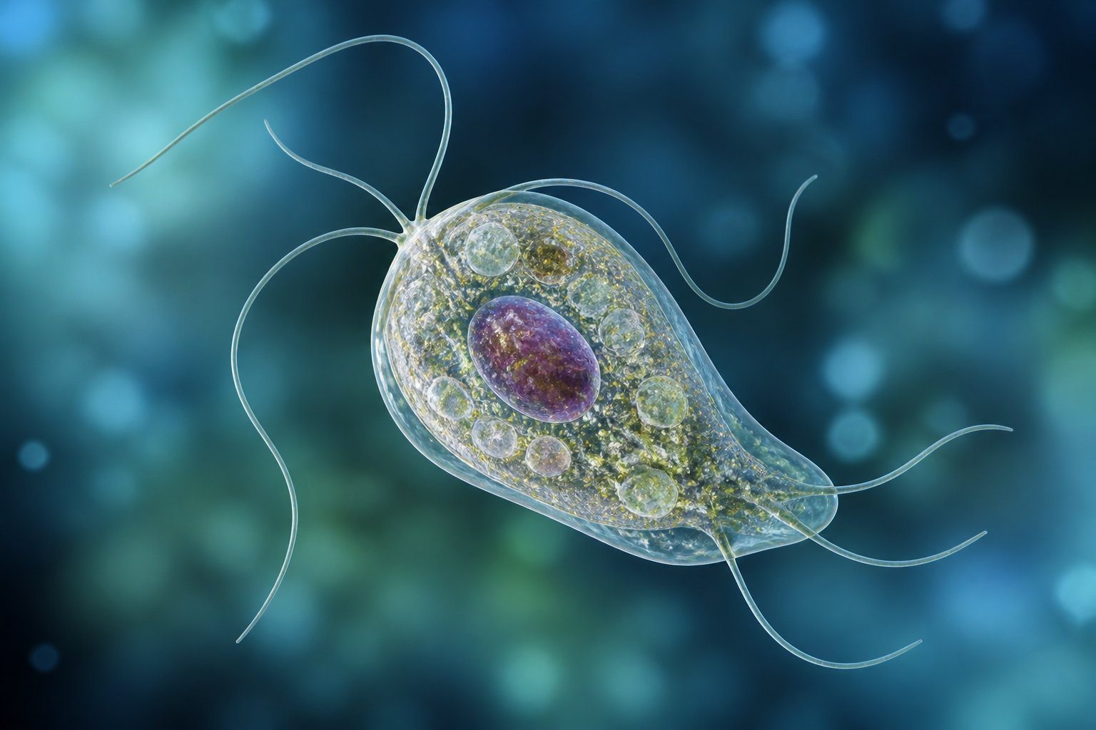 Imagem em close de um parasita unicelular visto ao microscópio em um fundo desfocado com tons azuis e verdes.