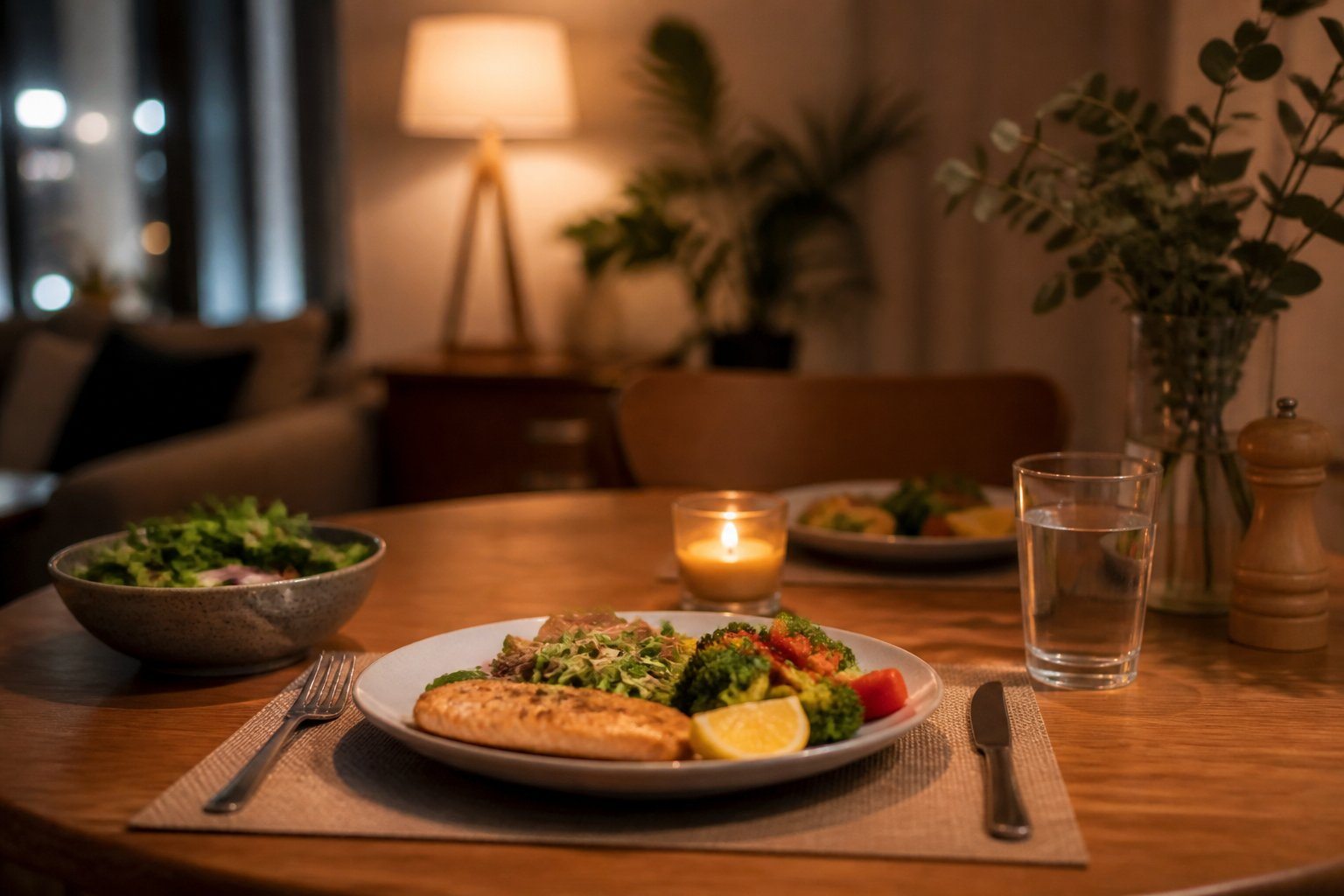 Mesa de jantar arrumada para a última refeição do dia em ambiente aconchegante e iluminado.