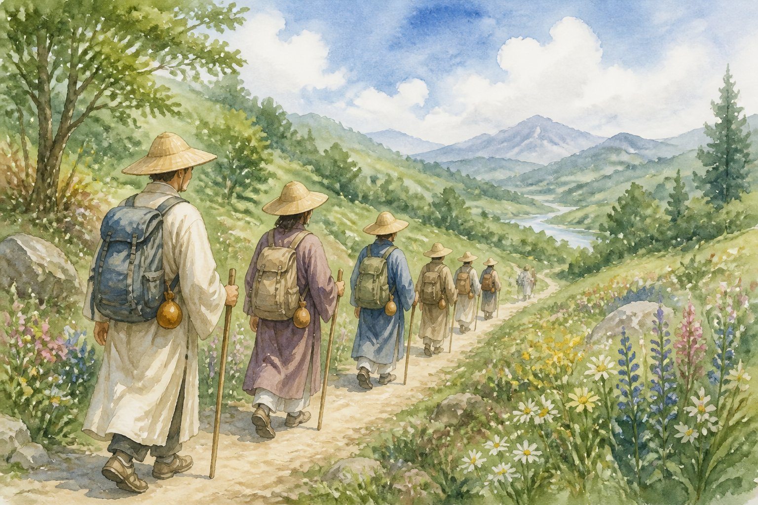 Um grupo de peregrinos caminhando juntos por uma trilha cercada de vegetação e flores.