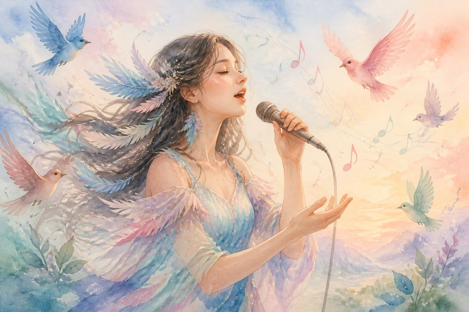 Uma jovem cantora rodeada por pássaros coloridos em um céu suave ao amanhecer.